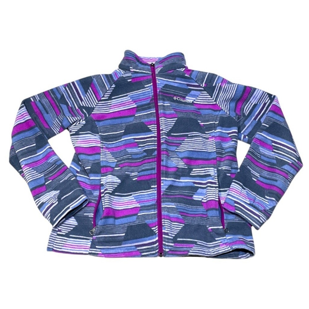 Columbia Fleece Jacket Girls XL 18/20 Full Zip Striped Geometric Purple Blue